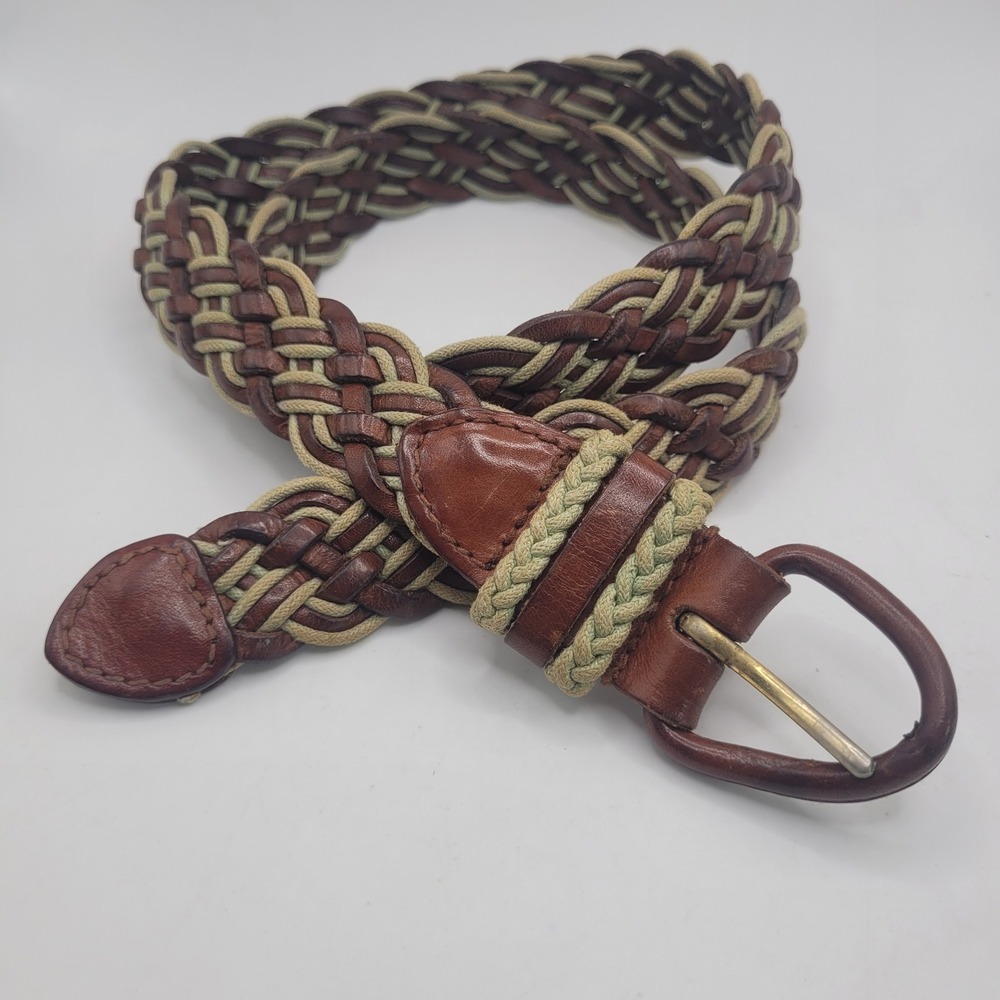 Vintage Talbots Belt Medium Brown Braided Woven Leather Fabric Cord Casual 90s